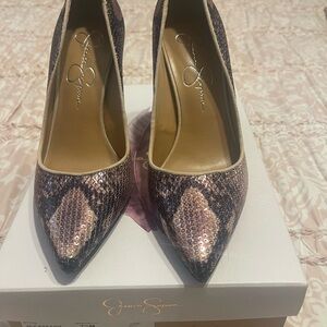 Jessica Simpson Sequin Snake Print Heels - Black and Brown